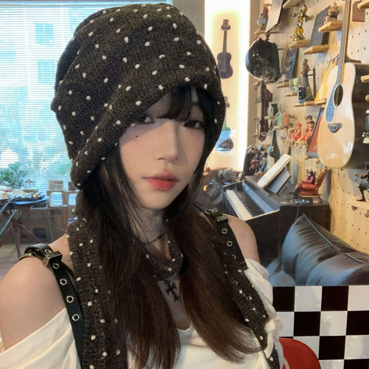 Knitted hat and scarf set with polka dot pattern
