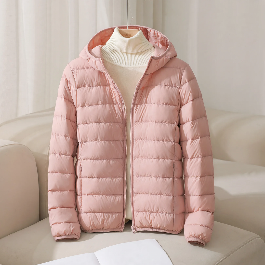 Light women's down jacket, short, with hood