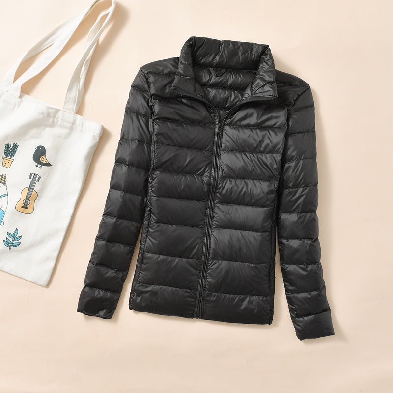 Women's down jacket, short, standing collar, tailored, with duck down