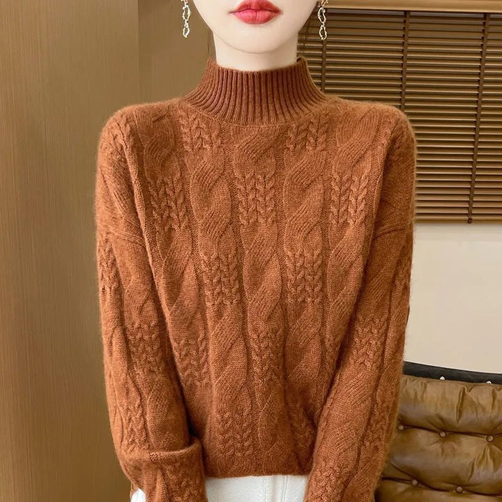 Women's Knit Sweater, Stand-up Collar, Cable Pattern, 3D Look