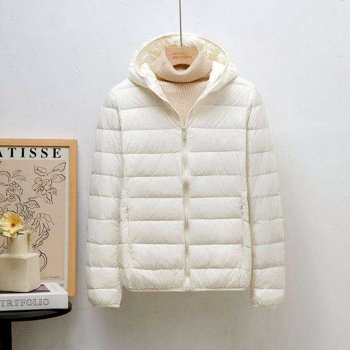 Light women's down jacket, hood, short fit