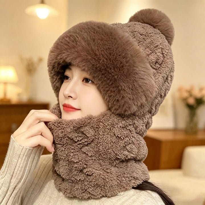 Plush hat with ears and scarf, one size