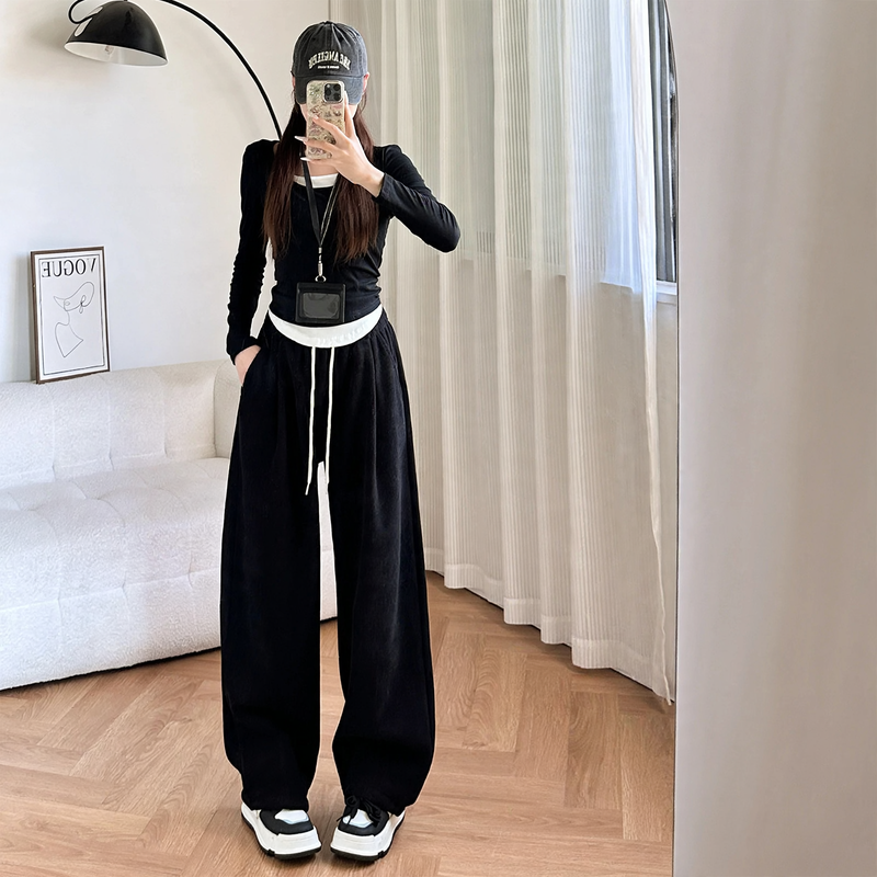 Cord Wide Trousers with High Waist, Lined