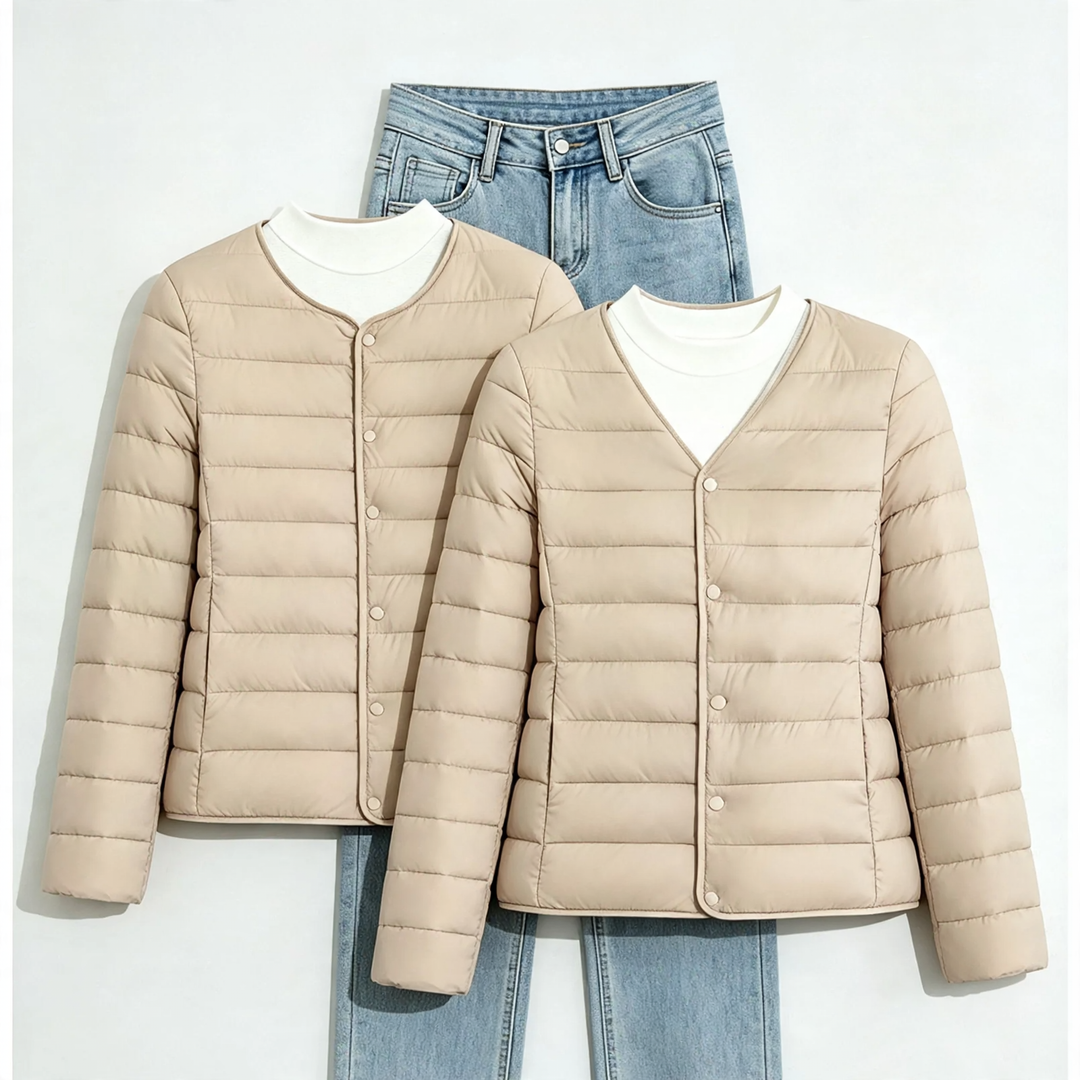 Lightweight, short women's padded jacket without collar