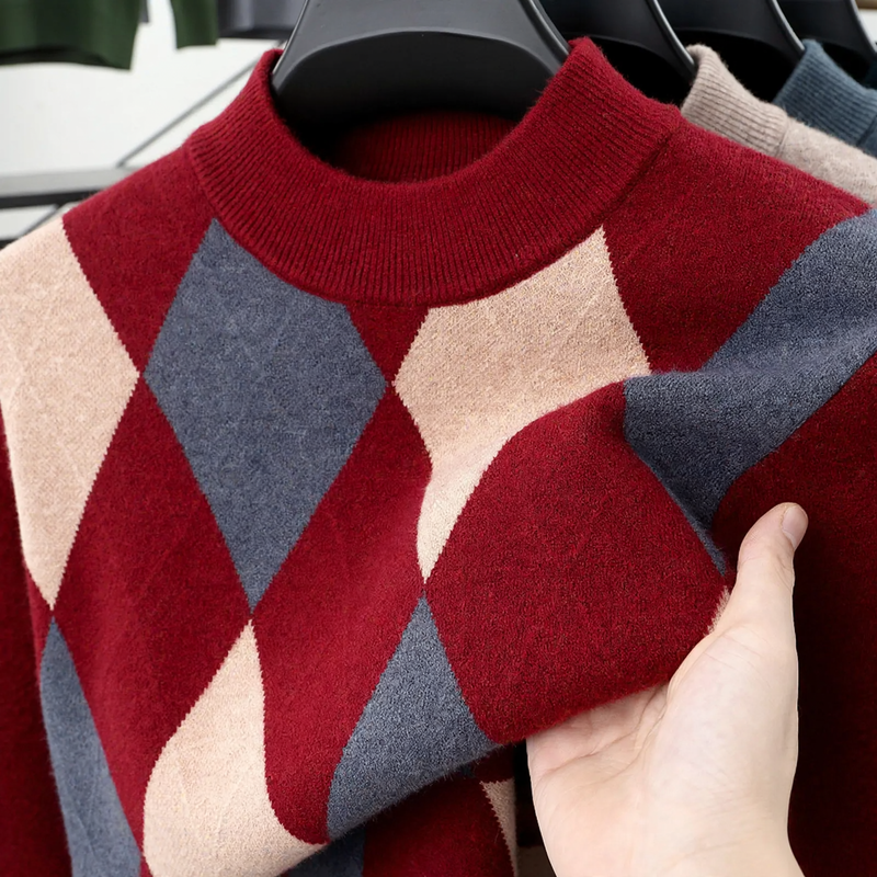 Men's wool sweater, checkered, stand collar, extra warm
