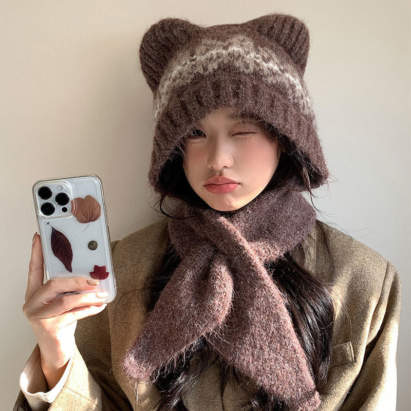 Knit cap with scarf, bear design, women, winter