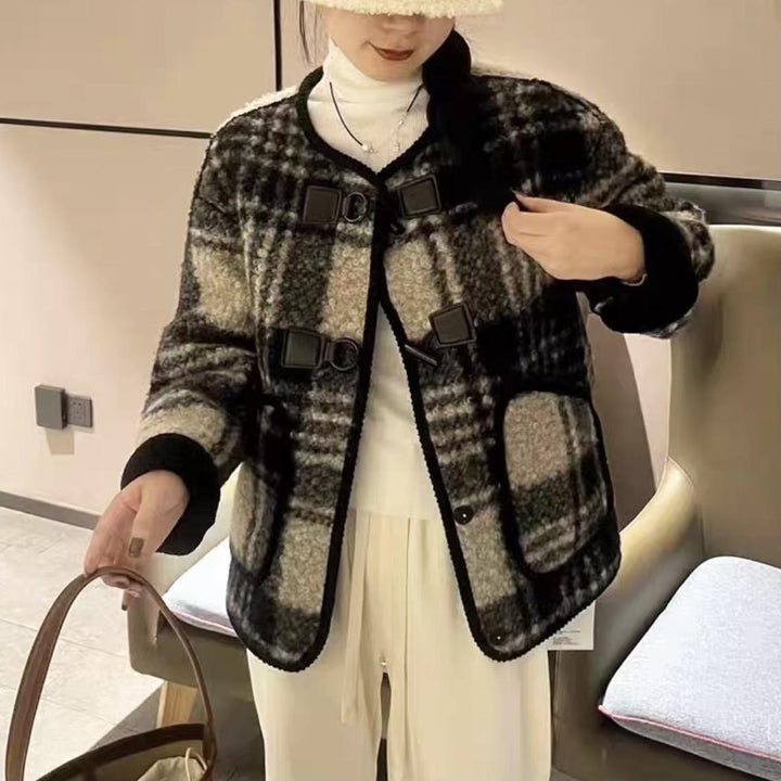 Women's coat with checked pattern and toggle buttons
