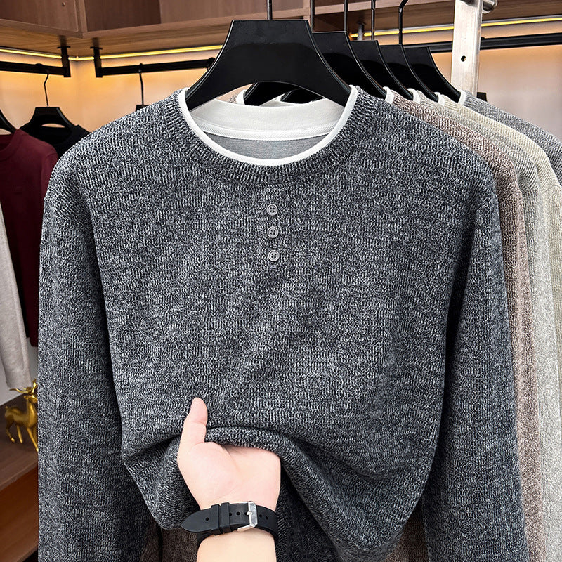 Men's knitted sweater, round neck, long sleeve, fake layer look
