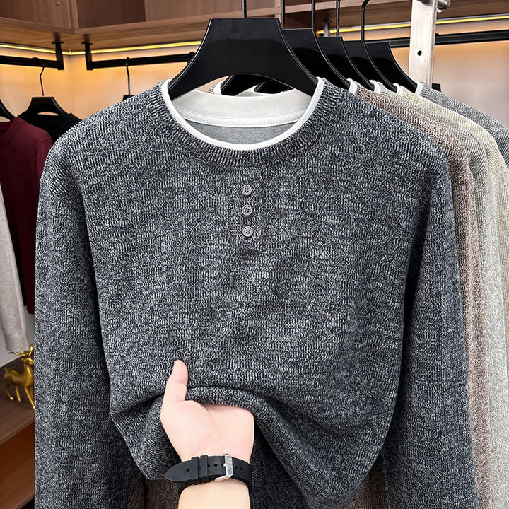 Men's knitted sweater, round neck, long sleeve, fake layer look