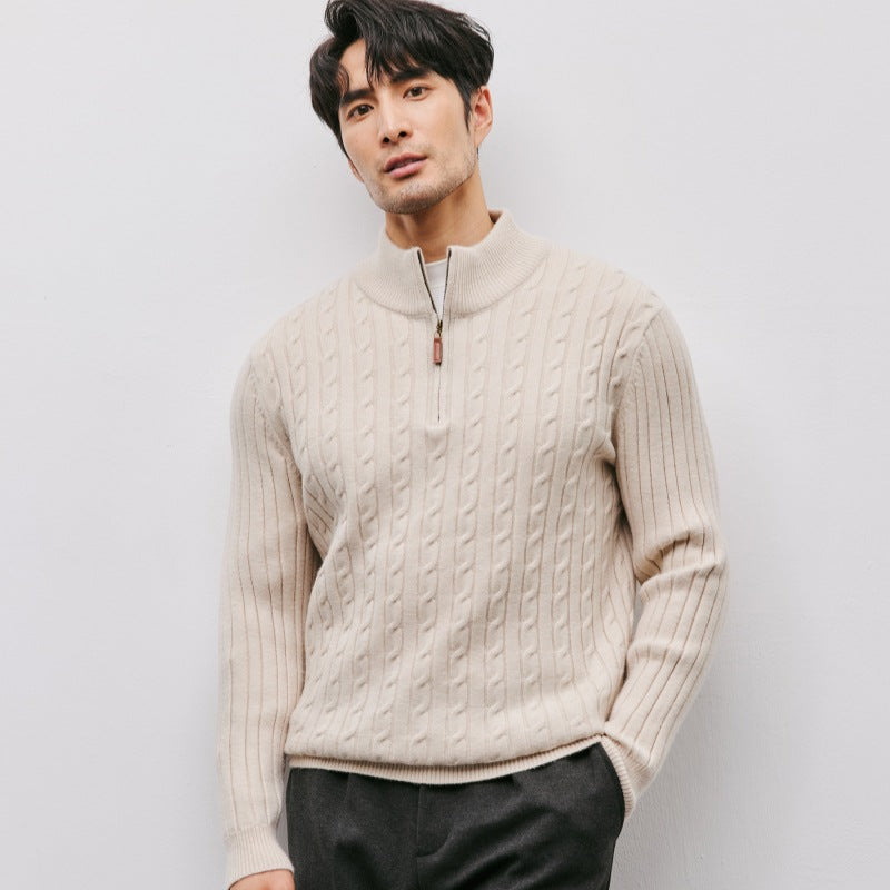 Men's knit sweater with stand-up collar and zipper