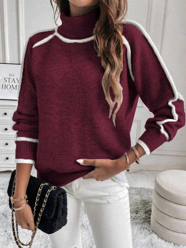 Women's knit pullover with stand-up collar and contrast details
