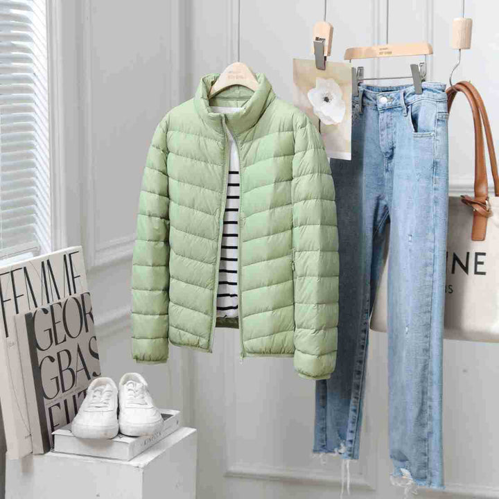 Light women's down jacket with stand-up collar, white duck down