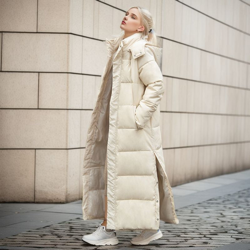 Longer, fitted women's winter coat with hood
