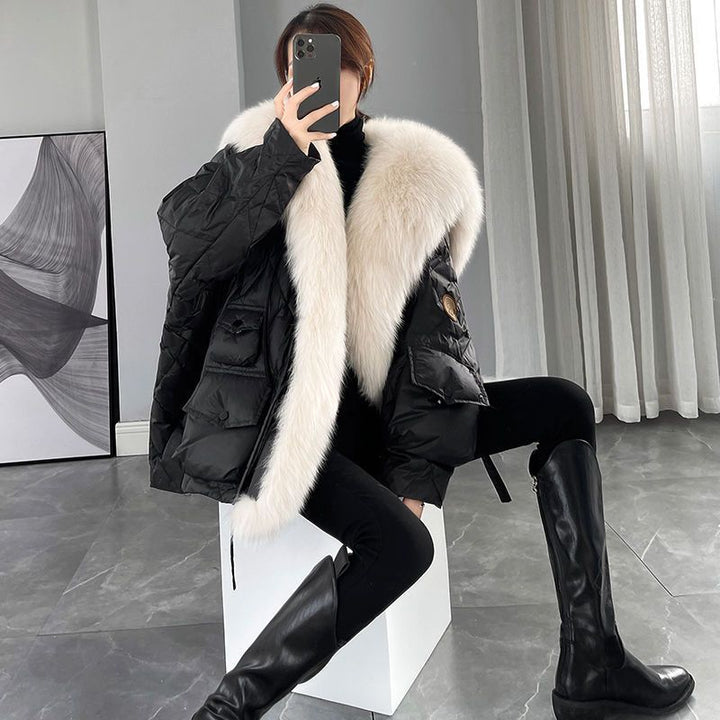 Mid-length faux fur coat with sailor collar