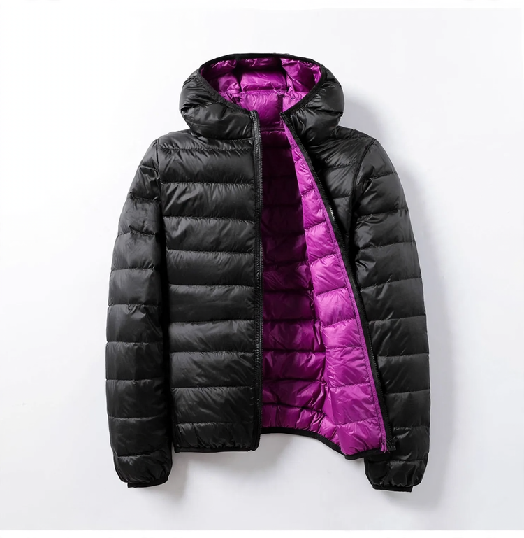 Reversible women's down jacket with hood, lightweight and short