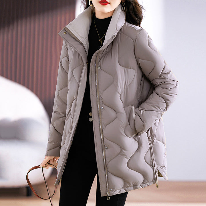 Long women's winter coat with stand-up collar