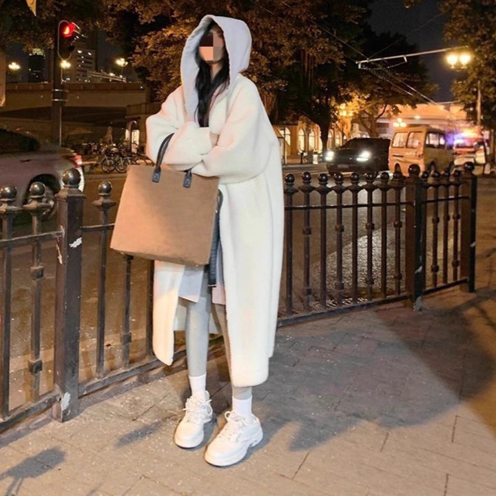 Long lamb fleece coat with hood, elegant