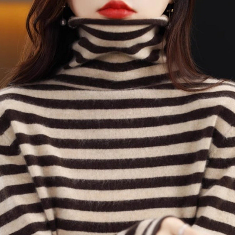 Ladies' knitted sweater, striped, stand-up collar