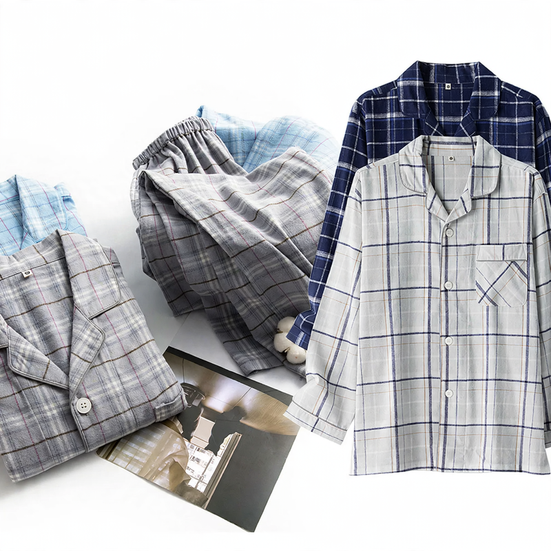 Men's cotton pajamas, brushed, checked