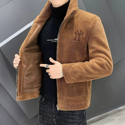 Men's jacket with lambskin look, padded, stand-up collar