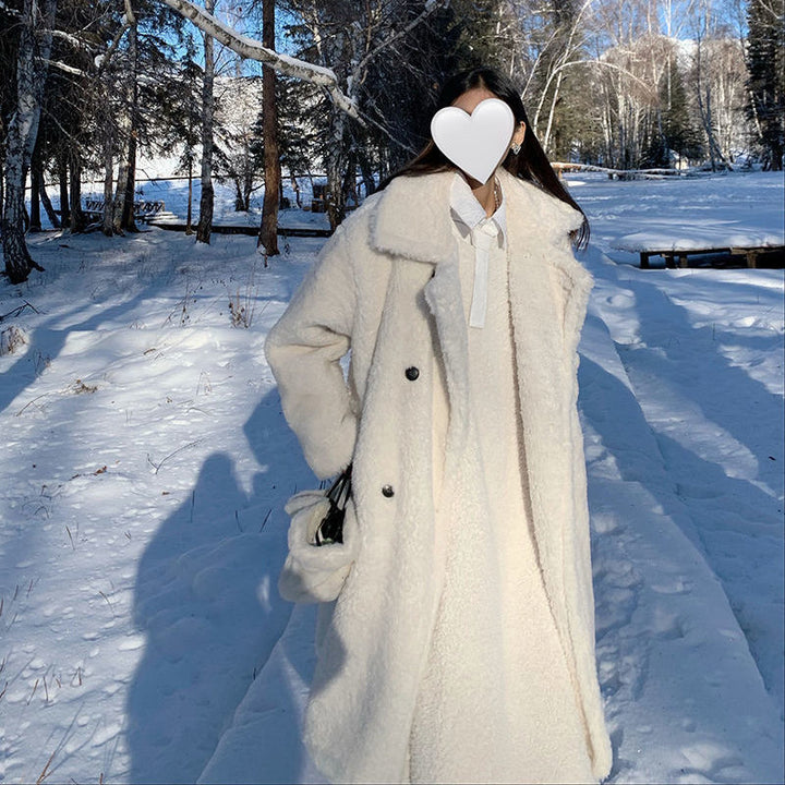 Longer, padded lamb fleece imitation coat