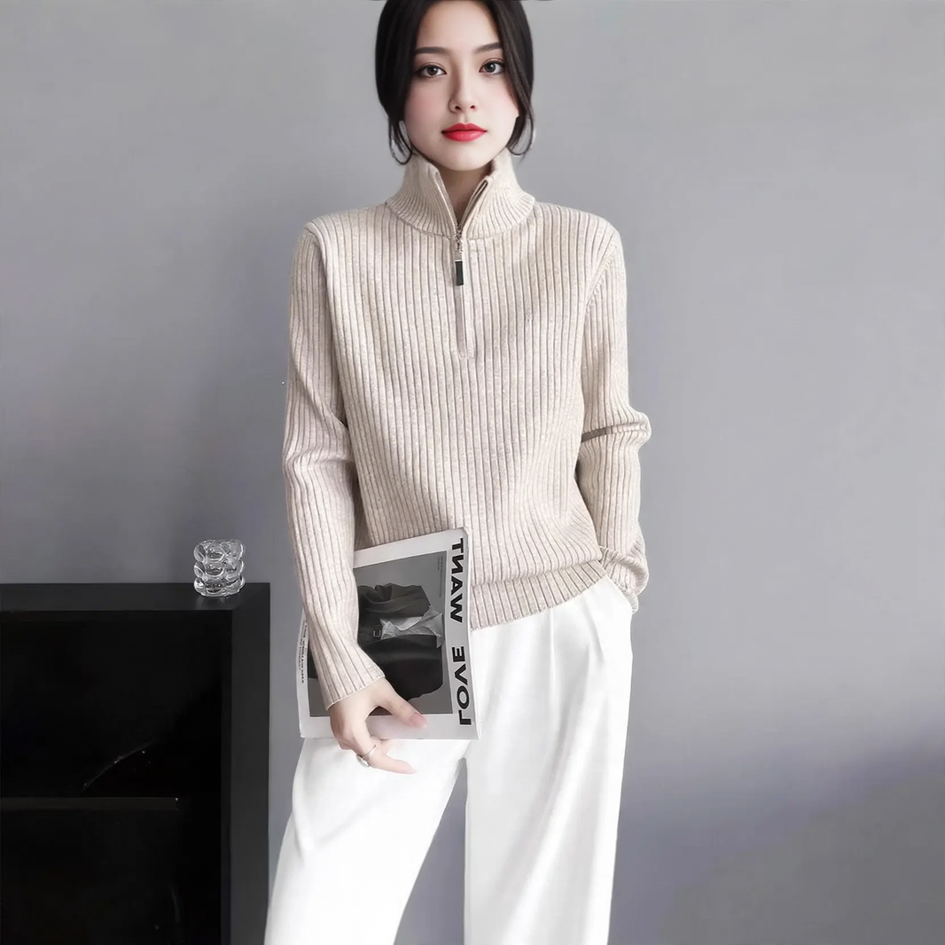 Women's knit sweater with zipper and finger holes