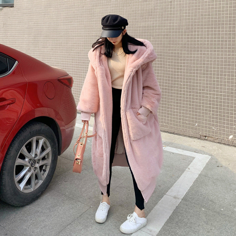 Long ladies' hooded jacket in rabbit fur look