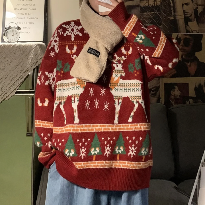 Ladies' knit sweater with reindeer embroidery