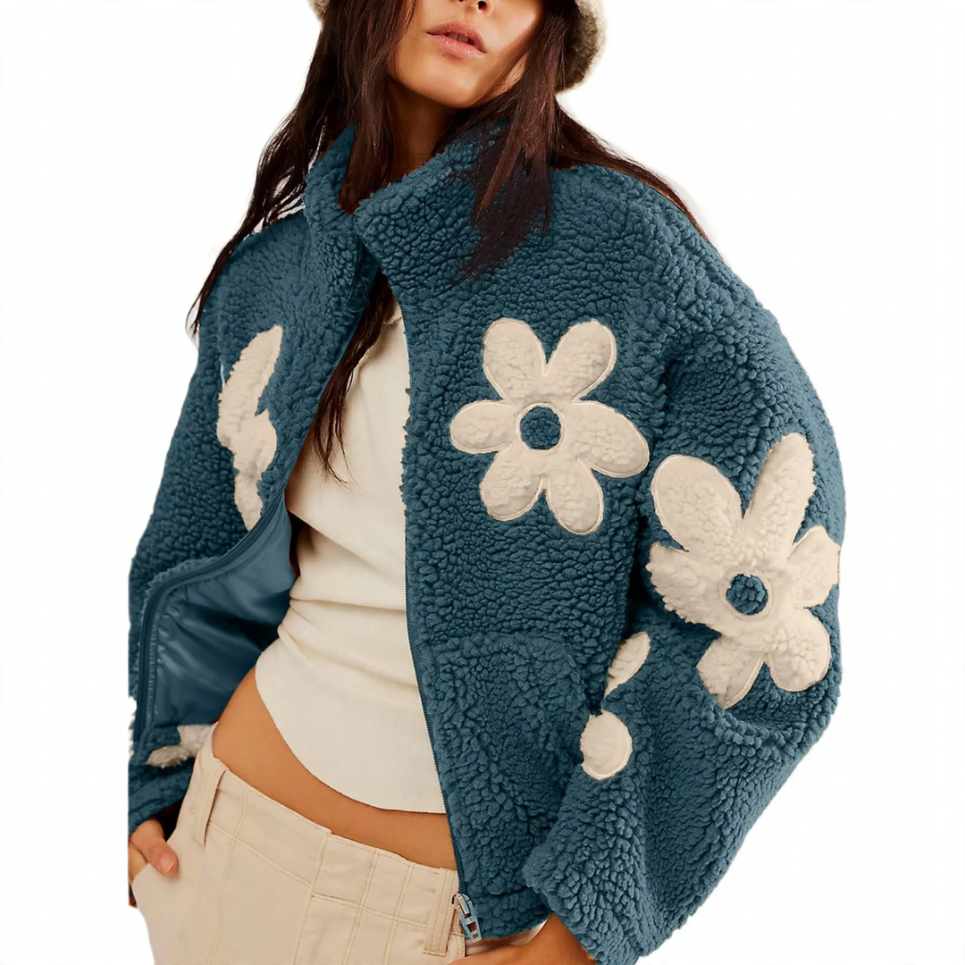 Faux fur cardigan with floral embroidery