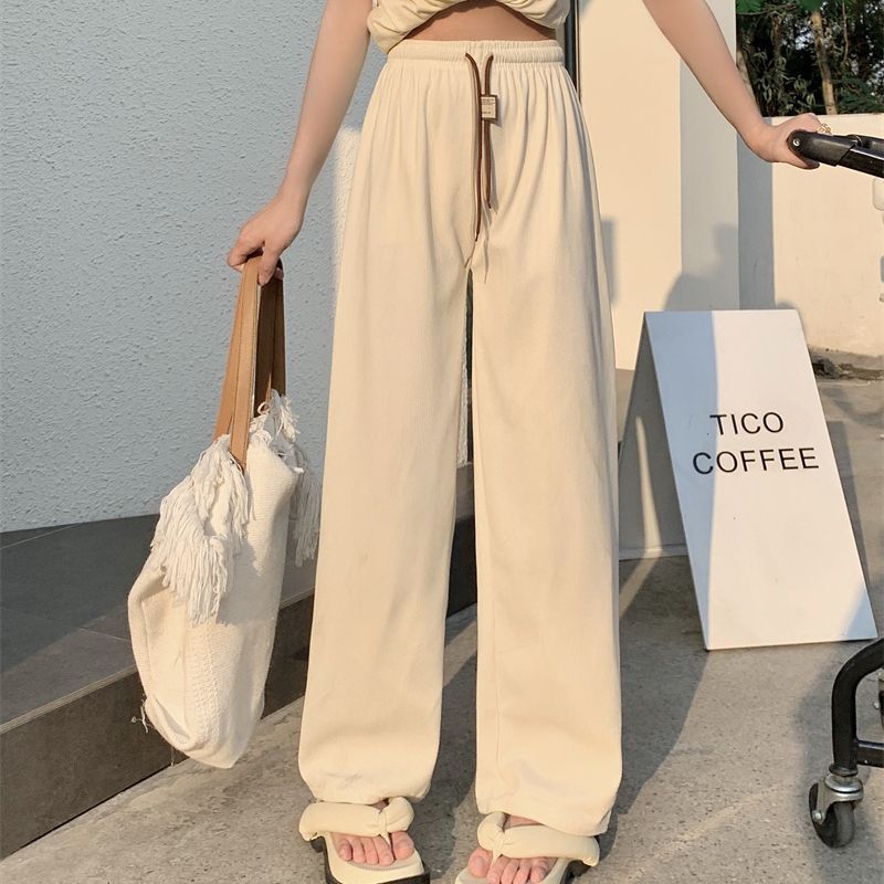 Cord Wide Pants with Drawstring and High Waist