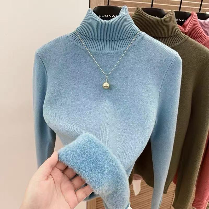 Women's knitted pullover with roll neck, fitted