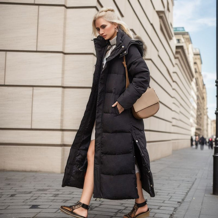 Longer, fitted women's winter coat with hood