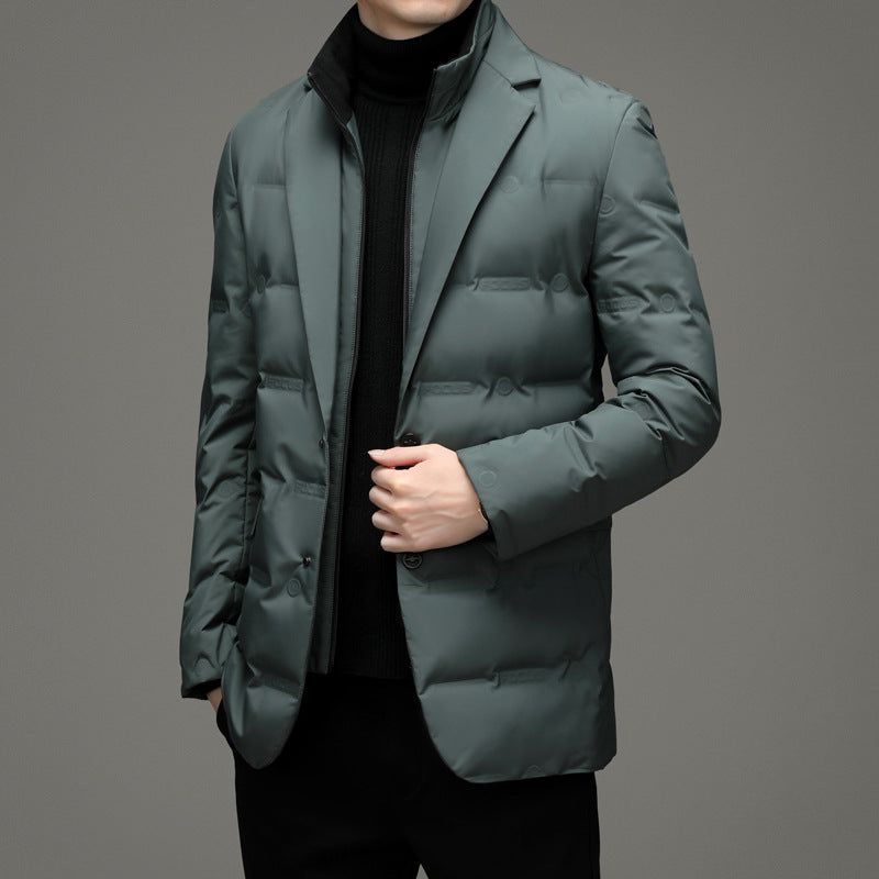 Men's down jacket, blazer style, detachable stand collar