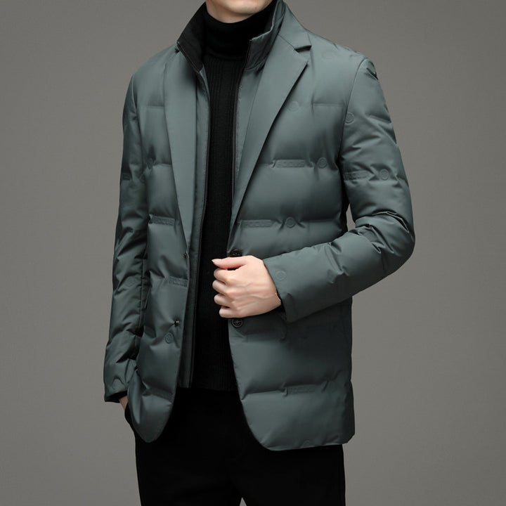 Men's down jacket, blazer style, detachable stand collar