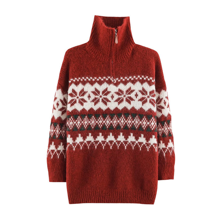 Christmas knit sweater with stand-up collar and zipper