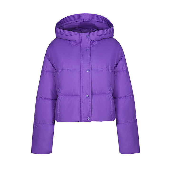 Short quilted jacket for women with stand-up collar and button placket