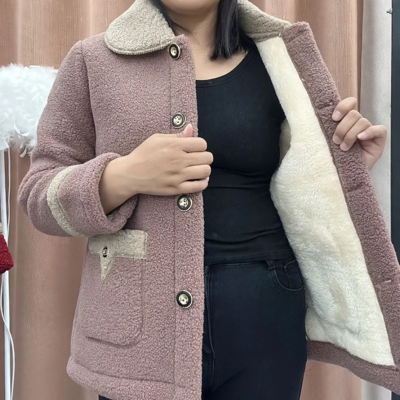 Lamb fleece coat, lined, mid-length, winter
