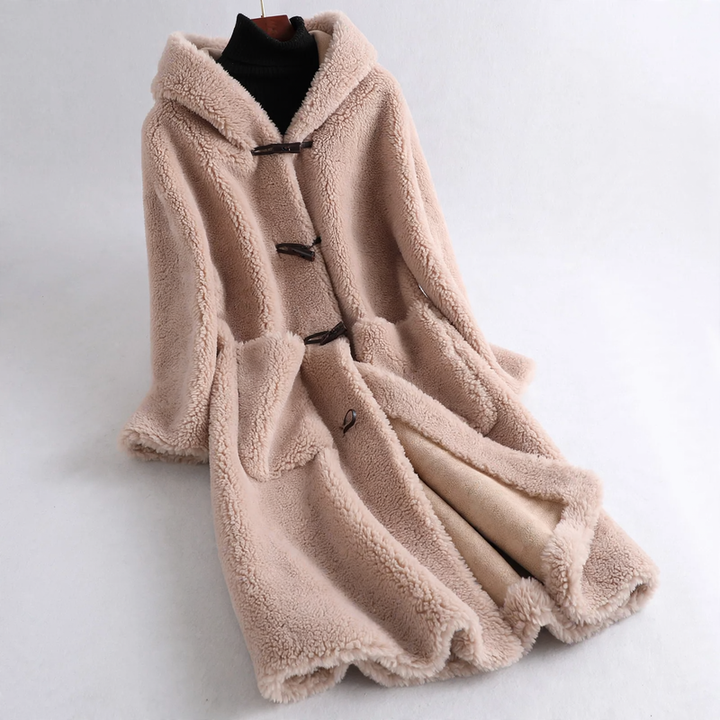Women's sheepskin coat with hood, mid-length