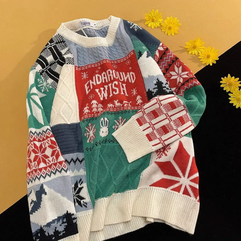 Retro knitted sweater with cable pattern and rabbit application