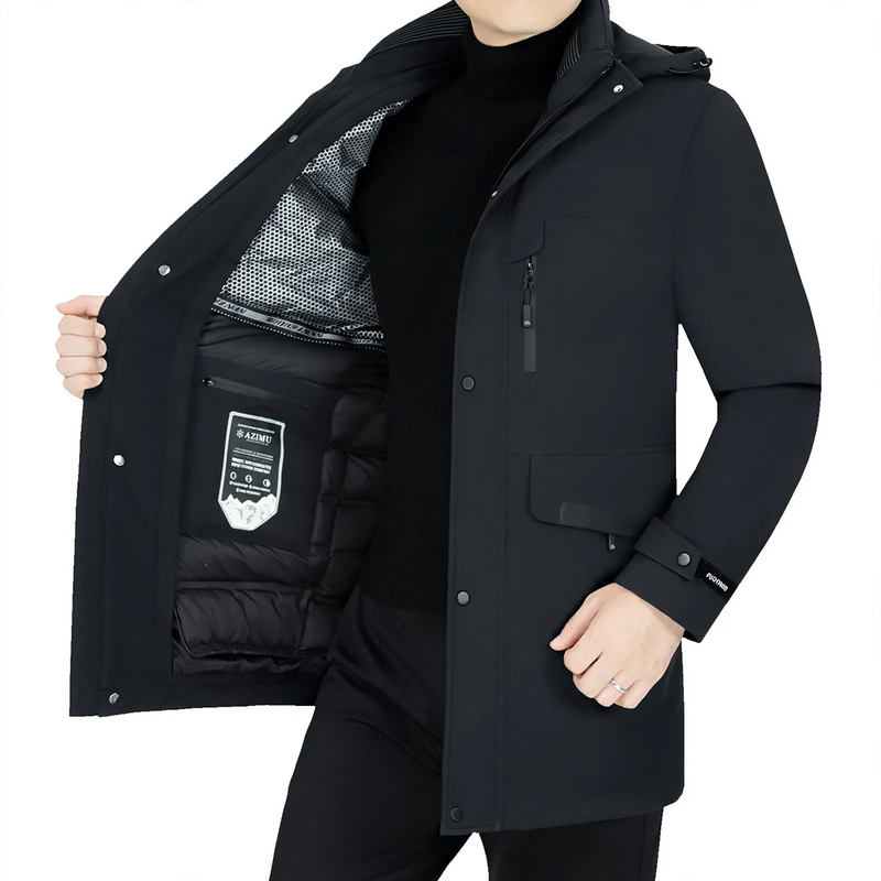 Men's down coat, medium length, with removable inner lining