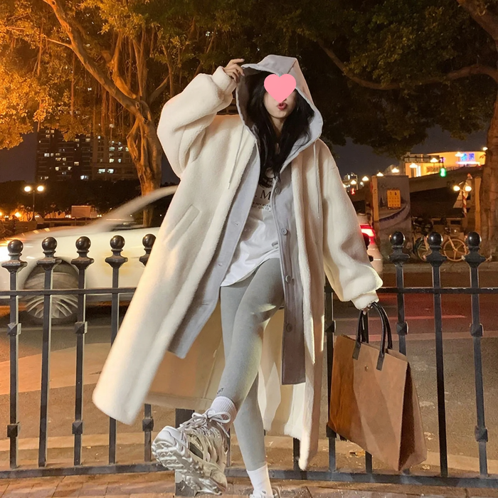 Lamb fleece hooded coat for women, long, loose fit