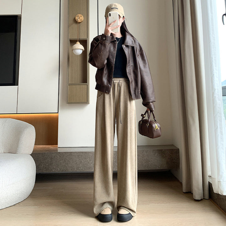 Women's corduroy pants with drawstring and high waistband