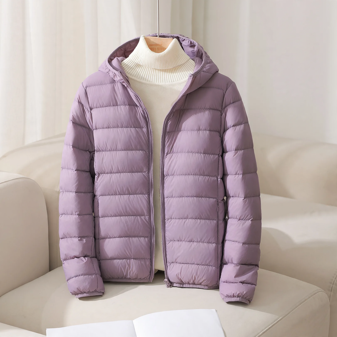 Light women's down jacket, short, with hood