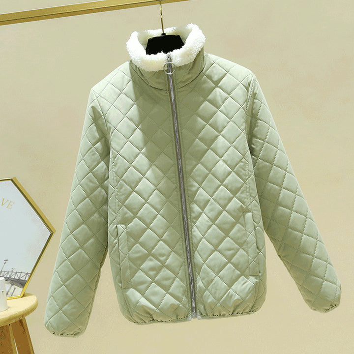 Light women's padded jacket with lambskin look and stand-up collar