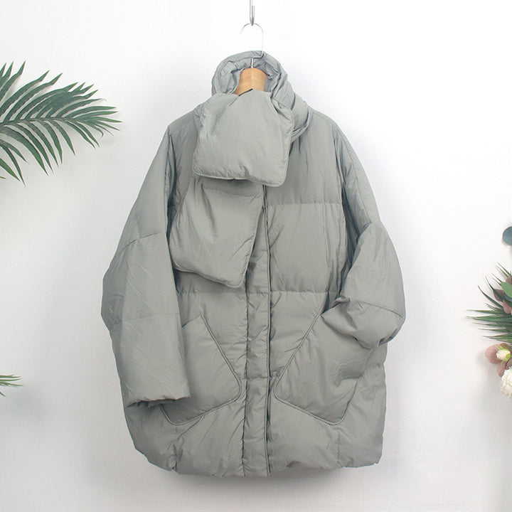Women's down coat with scarf, mid-length, loose fit