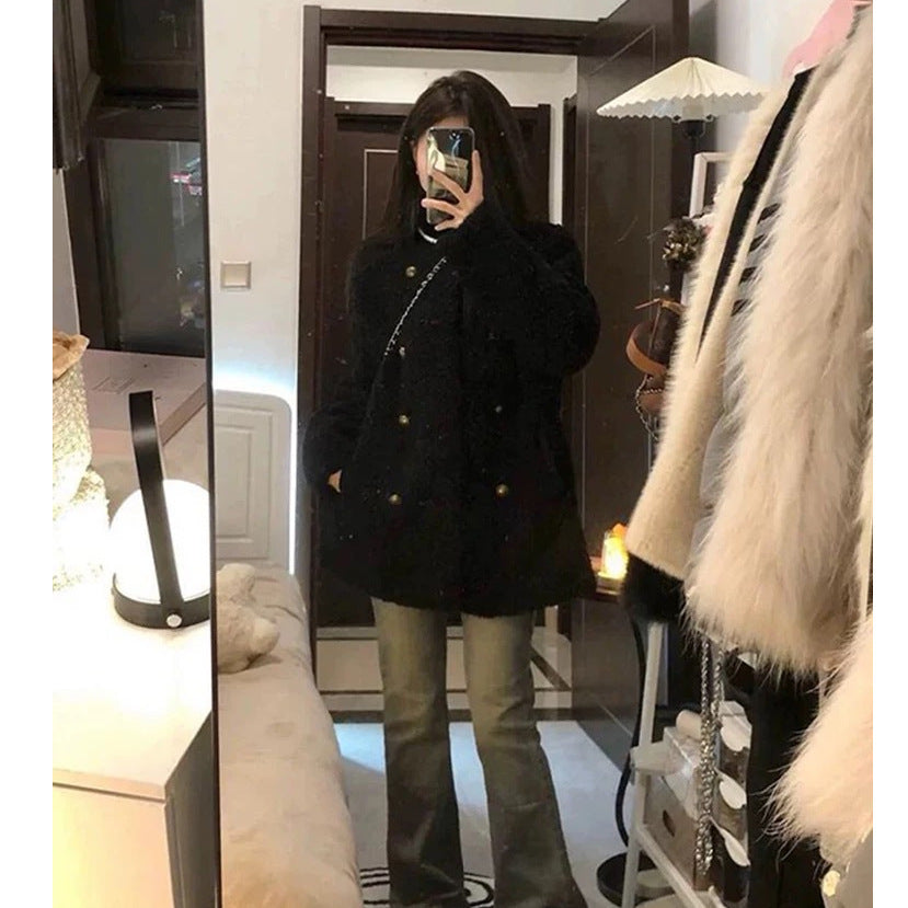 Padded lamb fleece jacket for women, double-breasted
