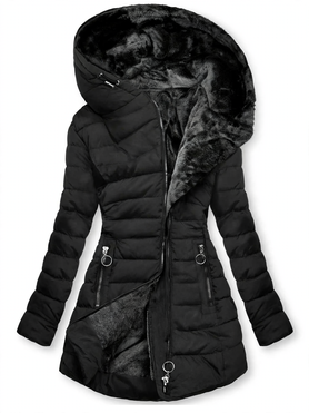 Women's quilted coat, tailored, with hood, medium length