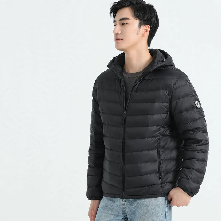 Light men's down jacket, hood or stand-up collar
