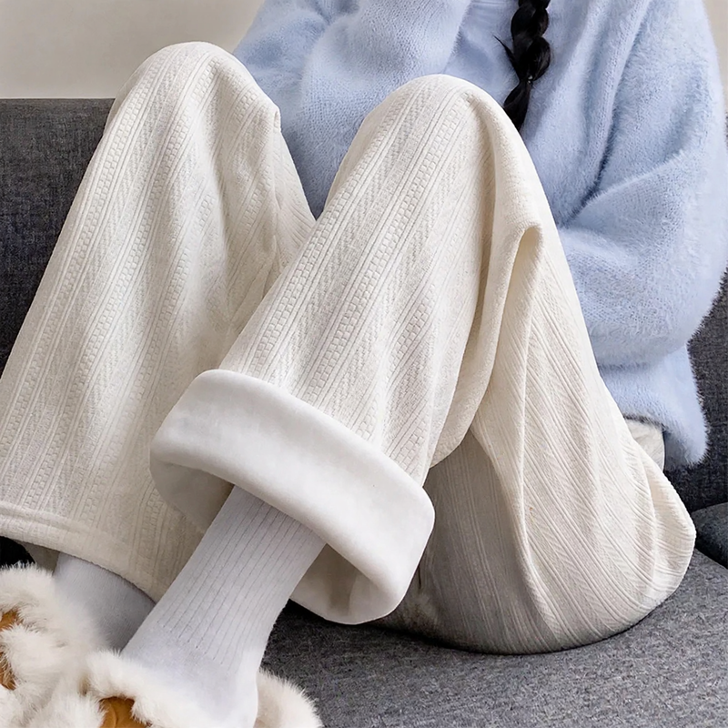 Fleece-lined cord wide leg pants for women