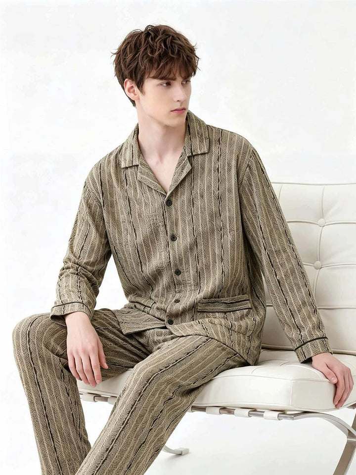 Men's cotton pajama set, long sleeve, with button placket